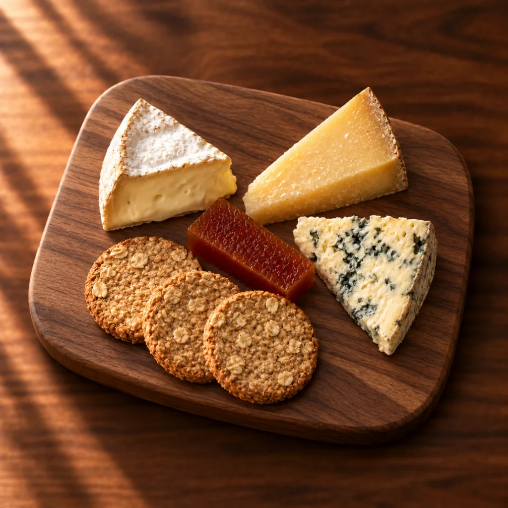 Artisan cheese selection with quince paste and oat biscuits on a walnut board