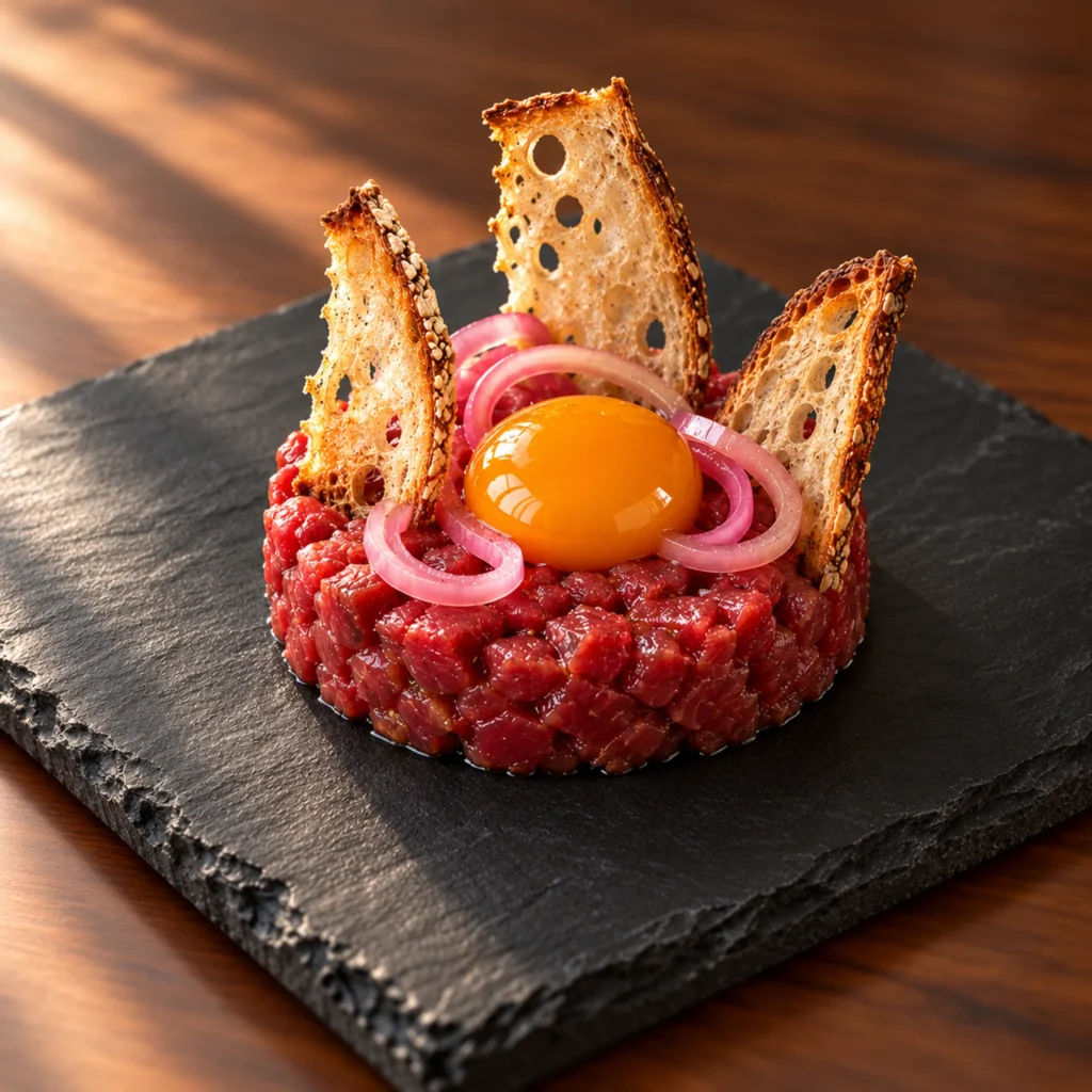 Hand-cut beef tartare with smoked egg yolk, pickled shallot and sourdough crisps