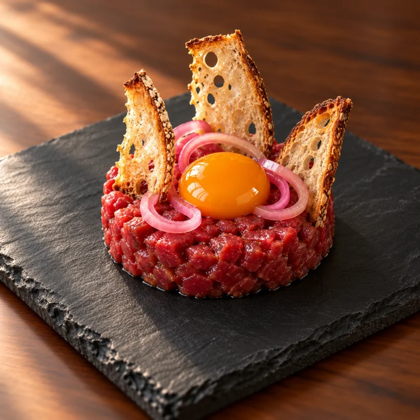 Hand-cut beef tartare with smoked egg yolk, pickled shallot and sourdough crisps