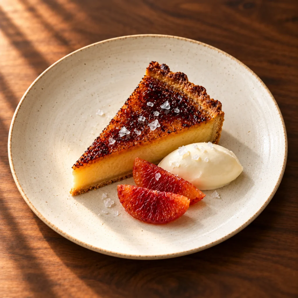Burnt honey tart with crème fraîche, sea salt and blood orange