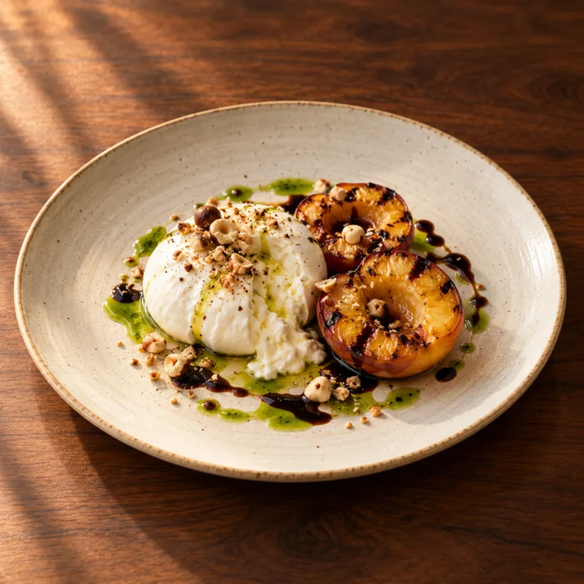 Burrata with grilled peach, basil oil, aged balsamic and toasted hazelnuts