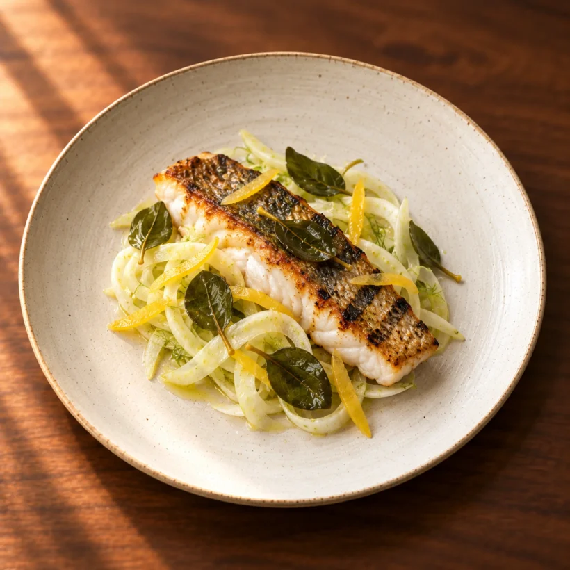 Coal-grilled market fish with fennel, caper leaf and preserved lemon