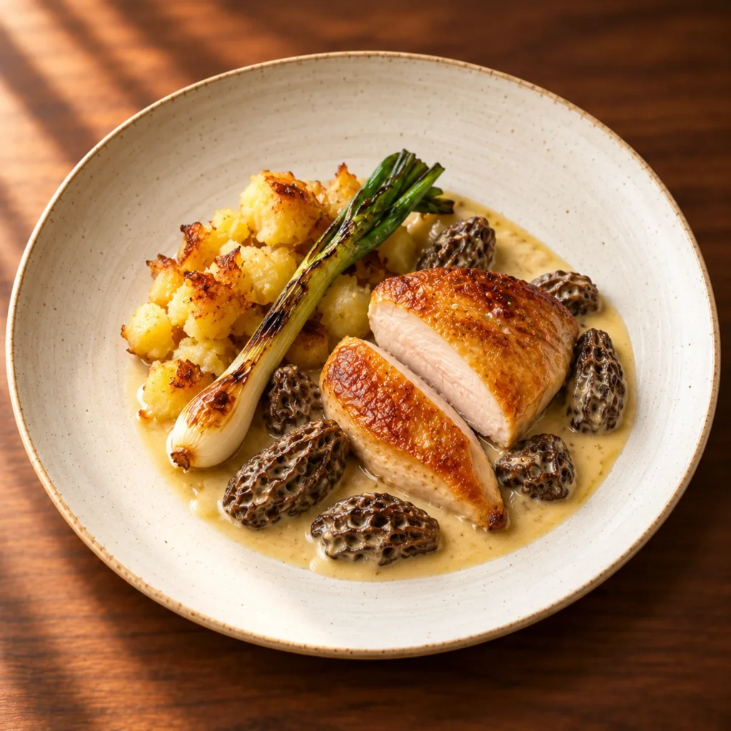 Corn-fed chicken with morels, vin jaune cream and crushed potatoes