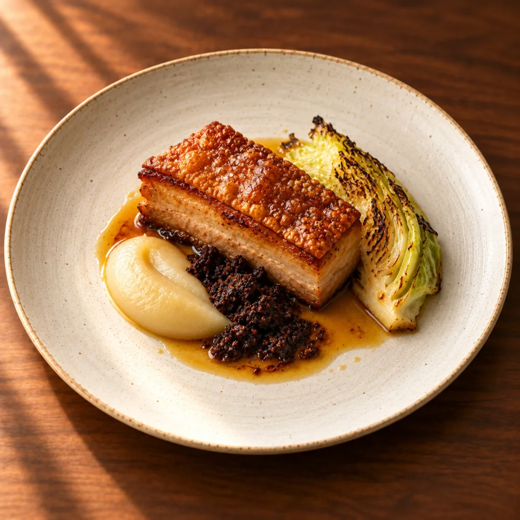Crisp pork belly in cider with apple purée, black pudding crumb and hispi cabbage