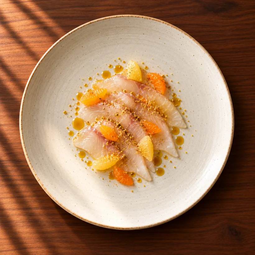 Cured sea bass with citrus, fennel pollen and smoked oil