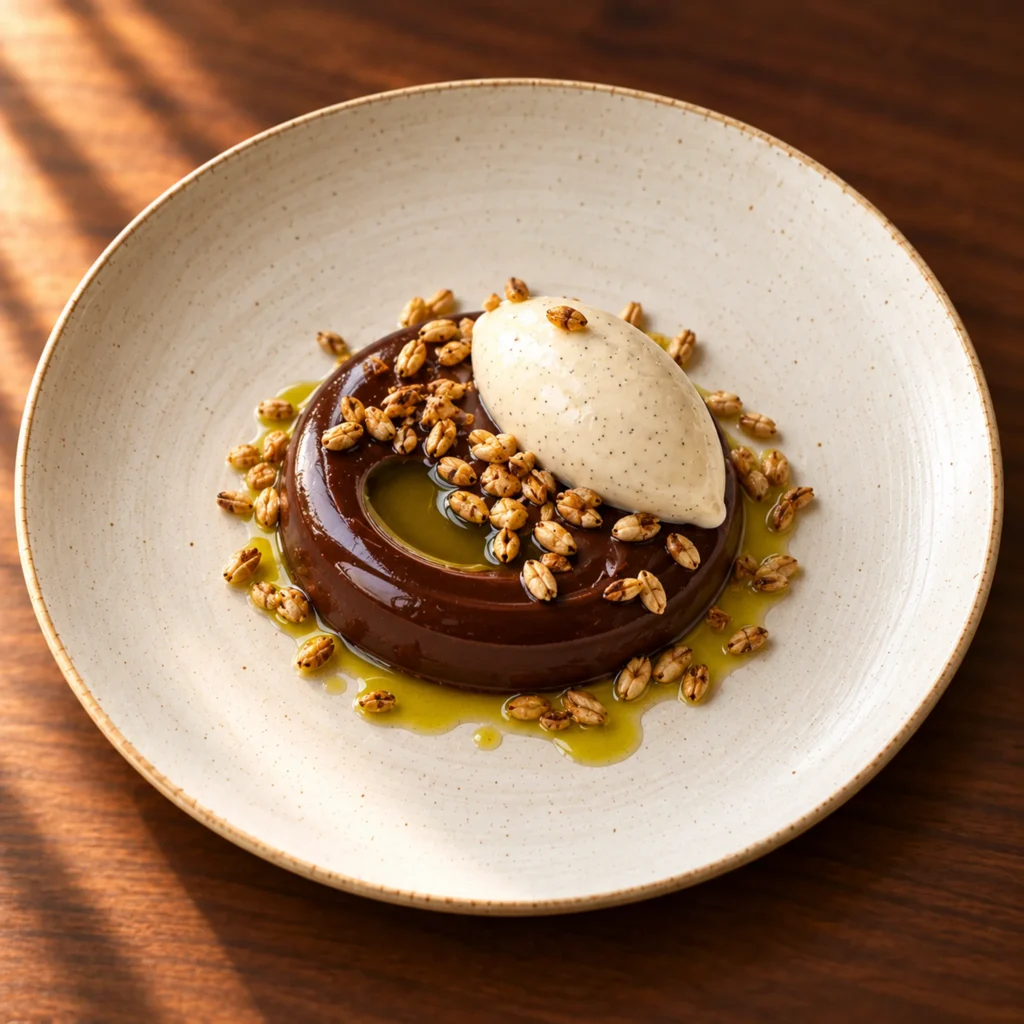 Dark chocolate and olive oil with vanilla and toasted grains