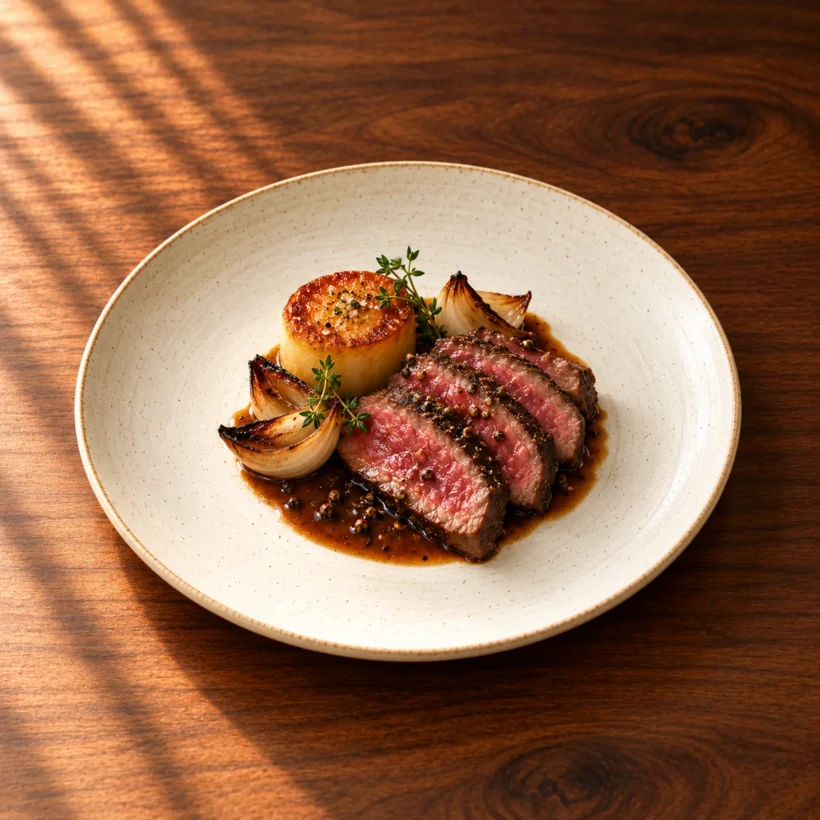 Dry-aged beef with pepper jus, charred onion and potato fondant
