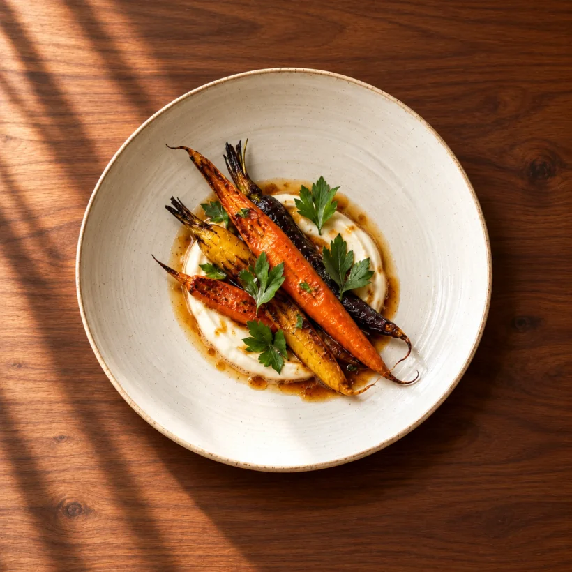 Ember-roasted heritage carrots with brown butter, cultured cream and lovage