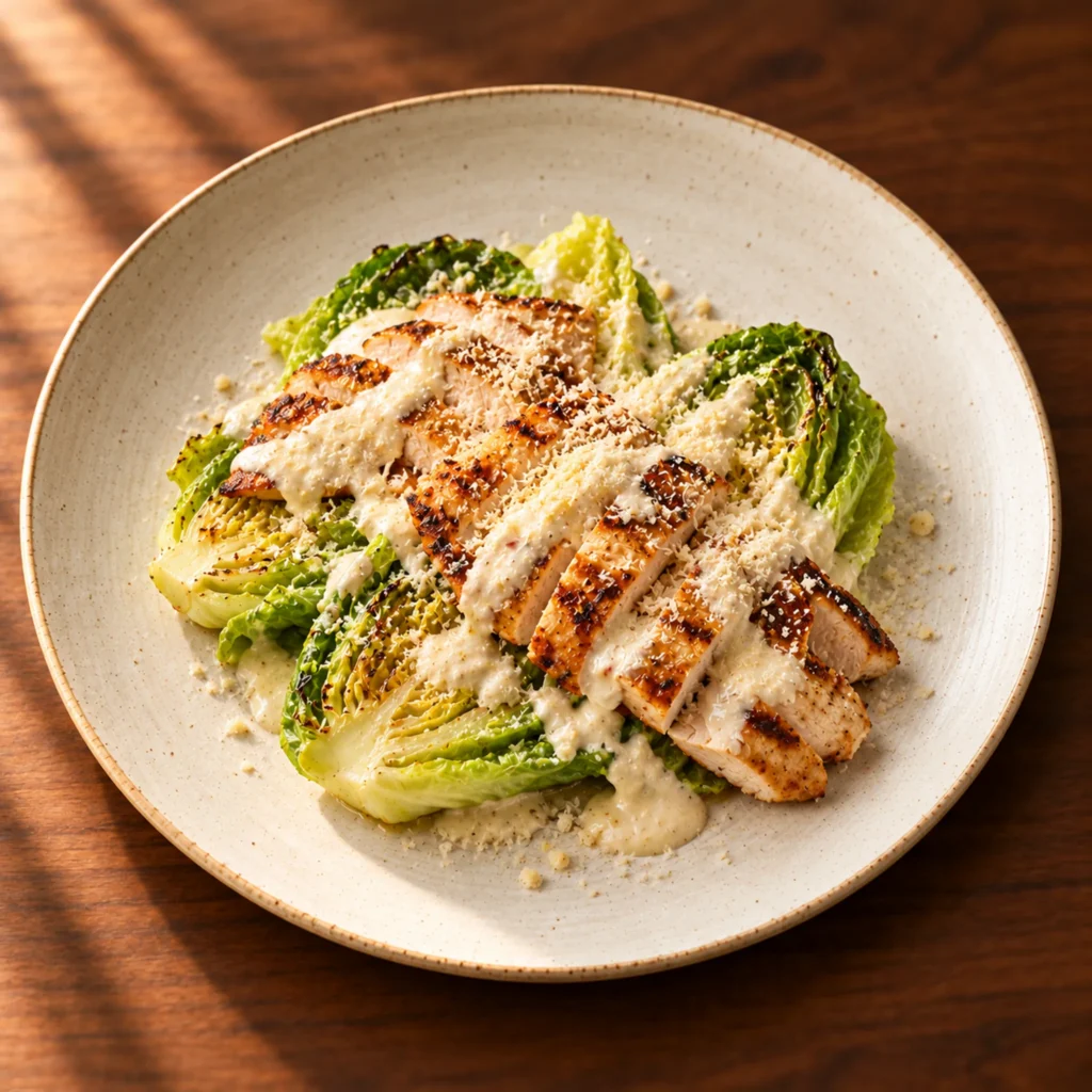 Grilled chicken Caesar with little gem, anchovy dressing and parmesan crumb