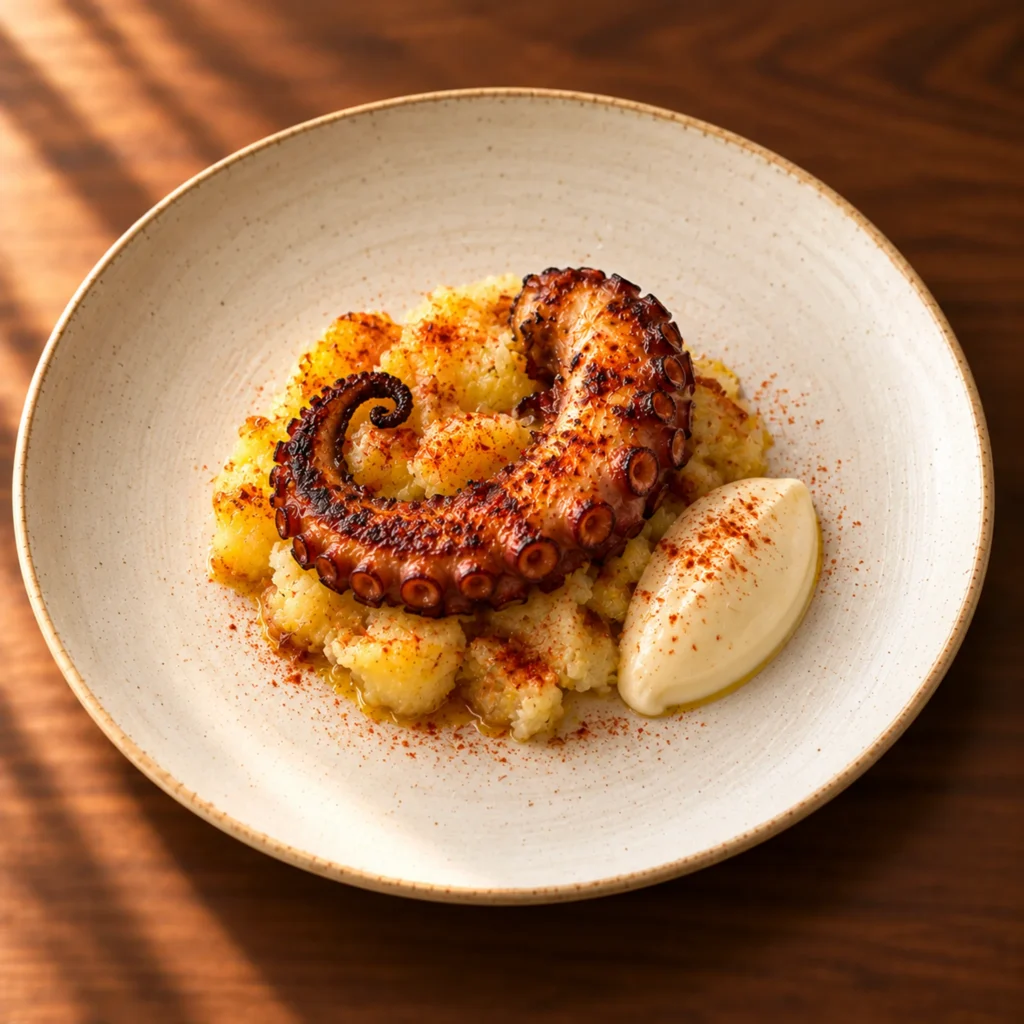 Grilled octopus with smoked paprika, crushed potato and aioli