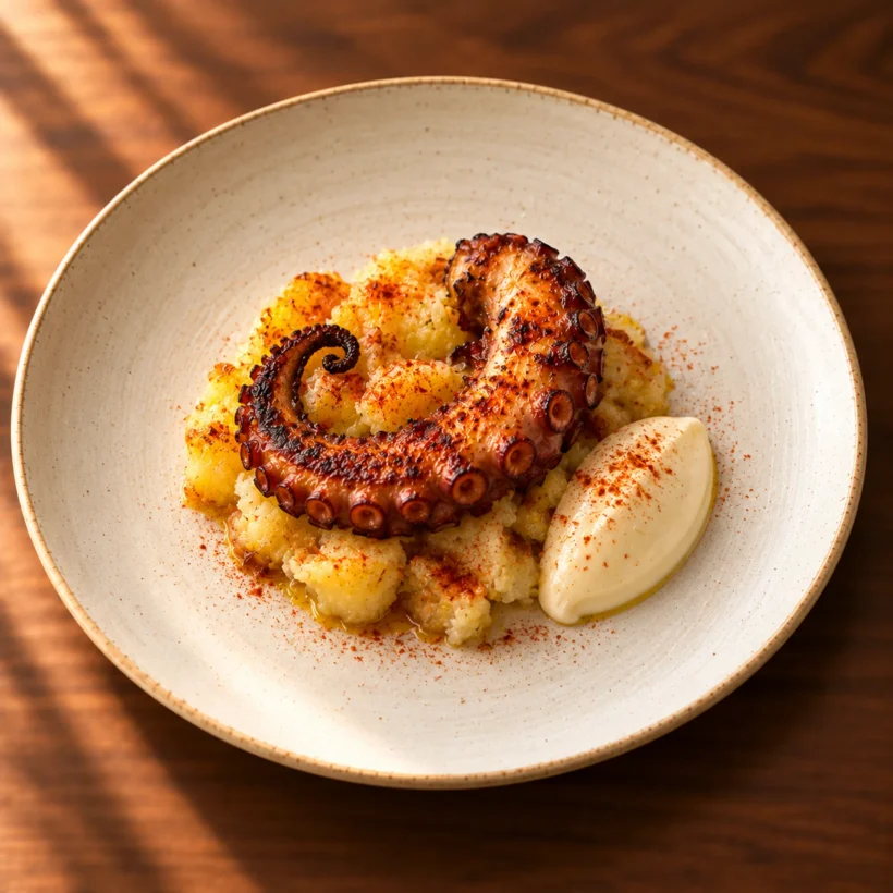 Grilled octopus with smoked paprika, crushed potato and aioli