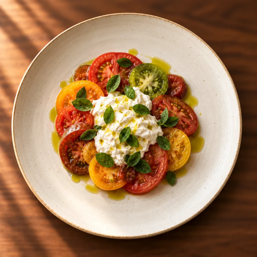 Heritage tomato salad with stracciatella, oregano and cold-pressed olive oil