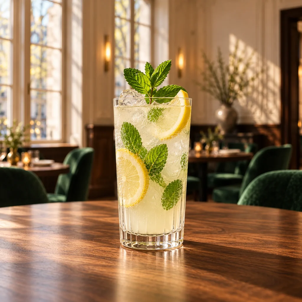 Homemade lemonade with pressed lemon, mint and sparkling water