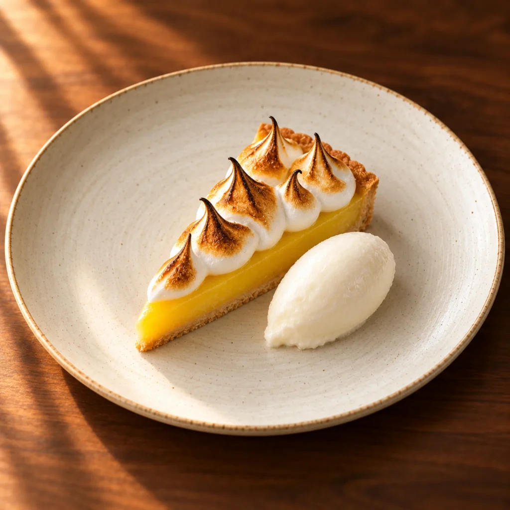 Lemon tart with burnt meringue and crème fraîche sorbet