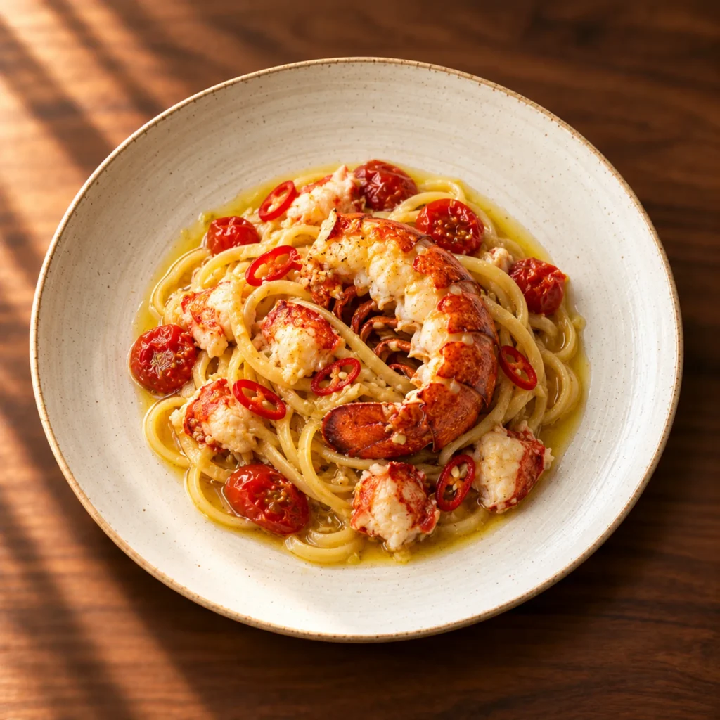 Lobster linguine with cherry tomato, chilli and garlic butter