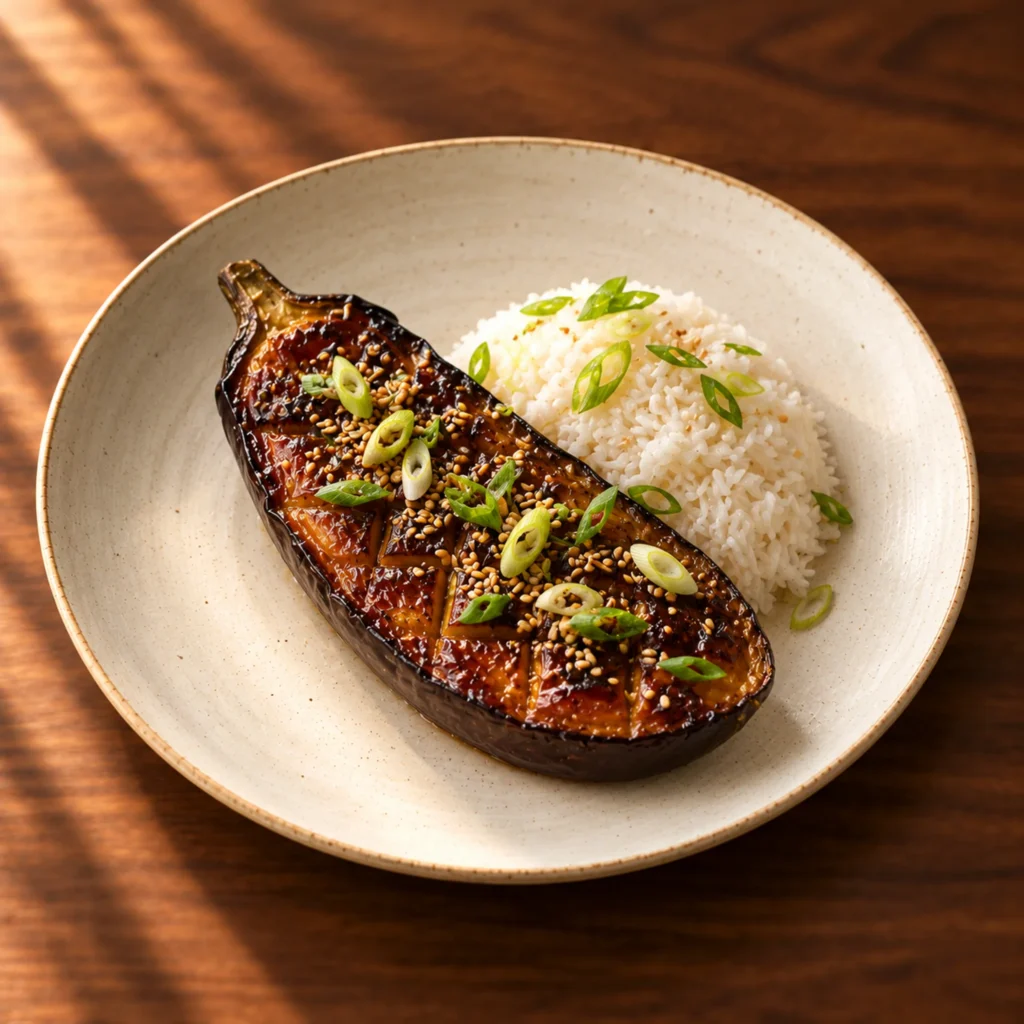 Miso-glazed aubergine with sesame, spring onion and jasmine rice