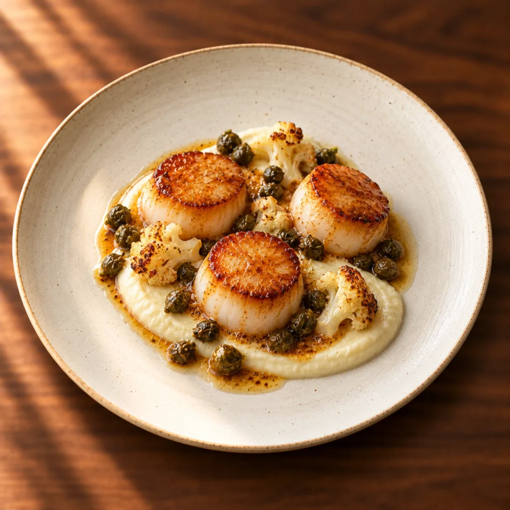 Pan-seared scallops with cauliflower, brown butter and capers