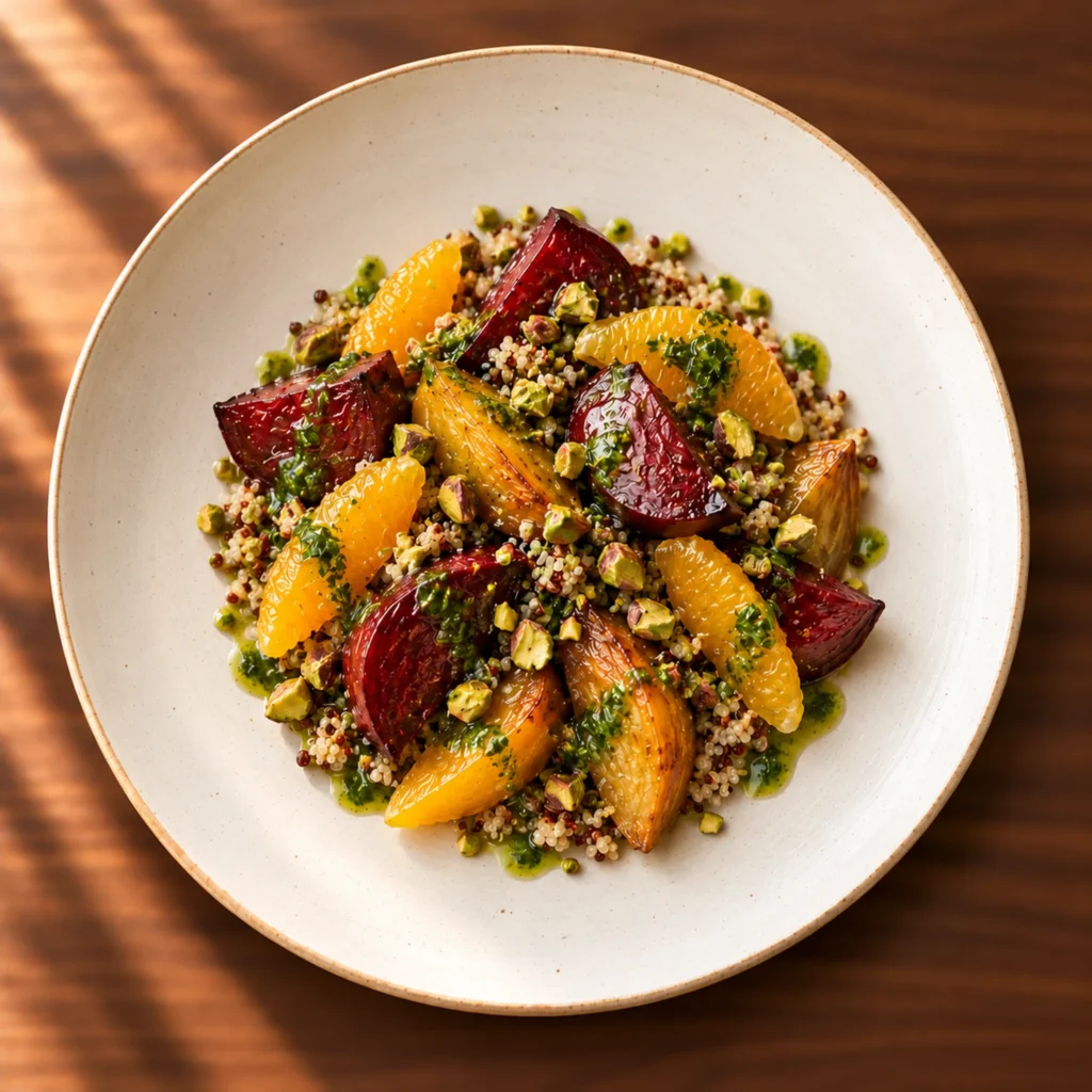 Roasted beetroot and quinoa with orange, pistachio and herb dressing