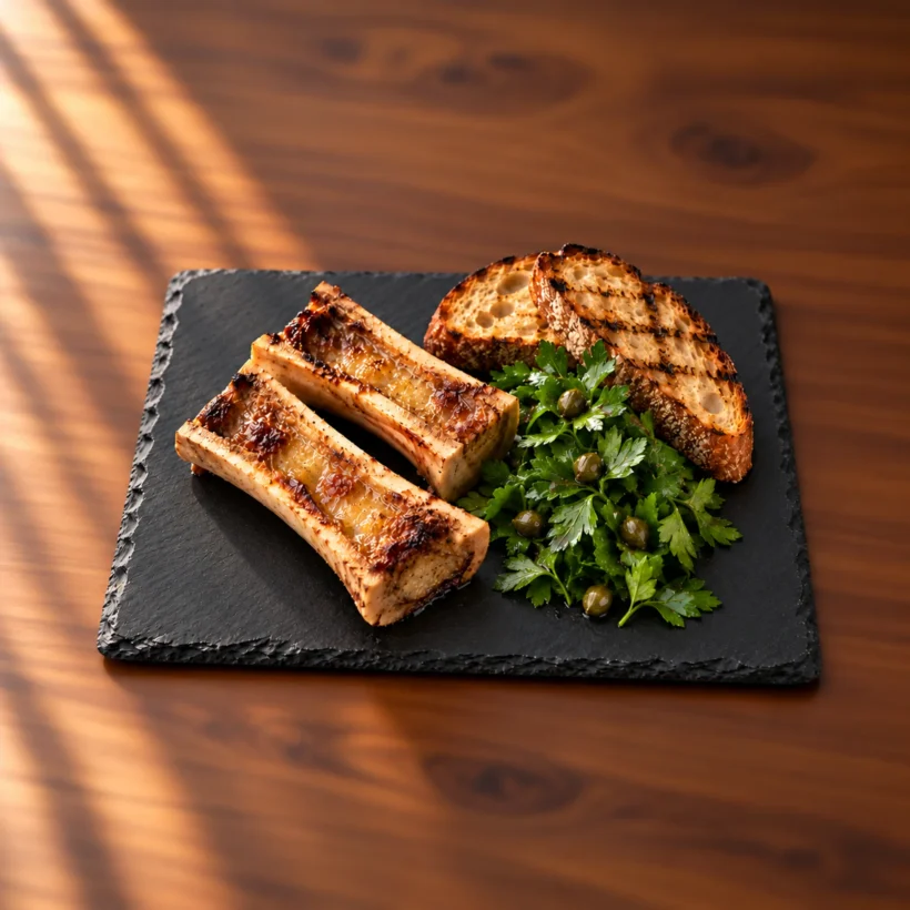 Roasted bone marrow with parsley salad, capers and grilled country bread
