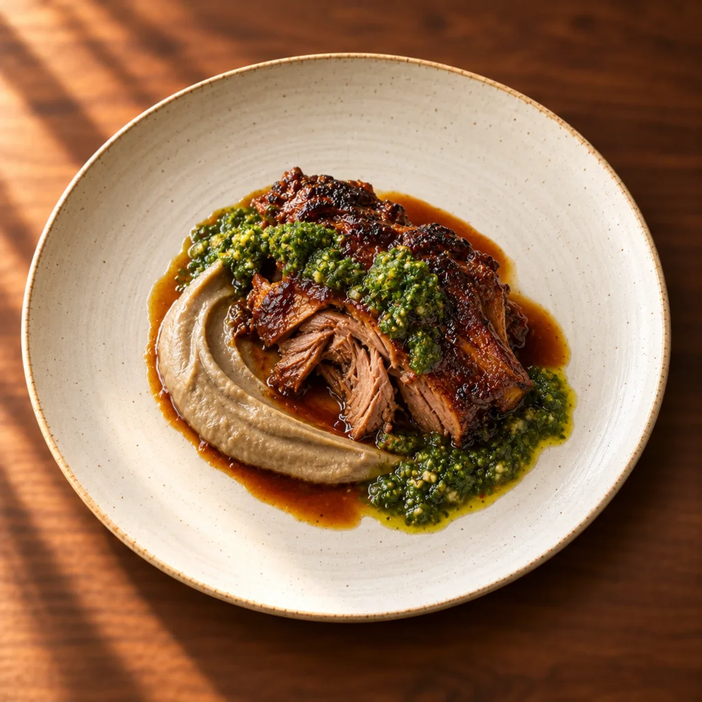 Slow-cooked lamb shoulder with smoked aubergine, salsa verde and roasting jus