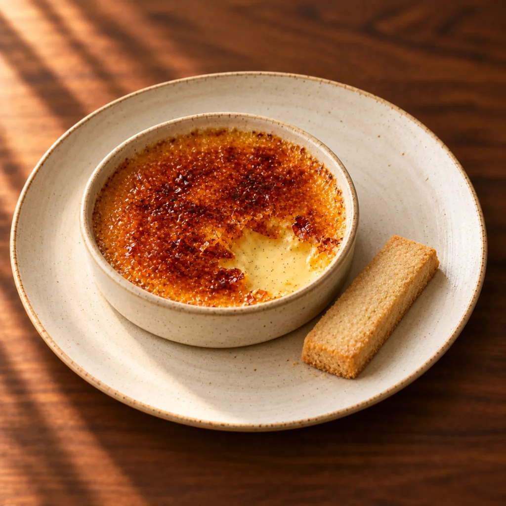 Vanilla crème brûlée with caramelised sugar and shortbread