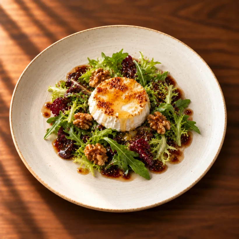 Warm goat's cheese salad with honey, walnuts, baby leaves and fig vinaigrette