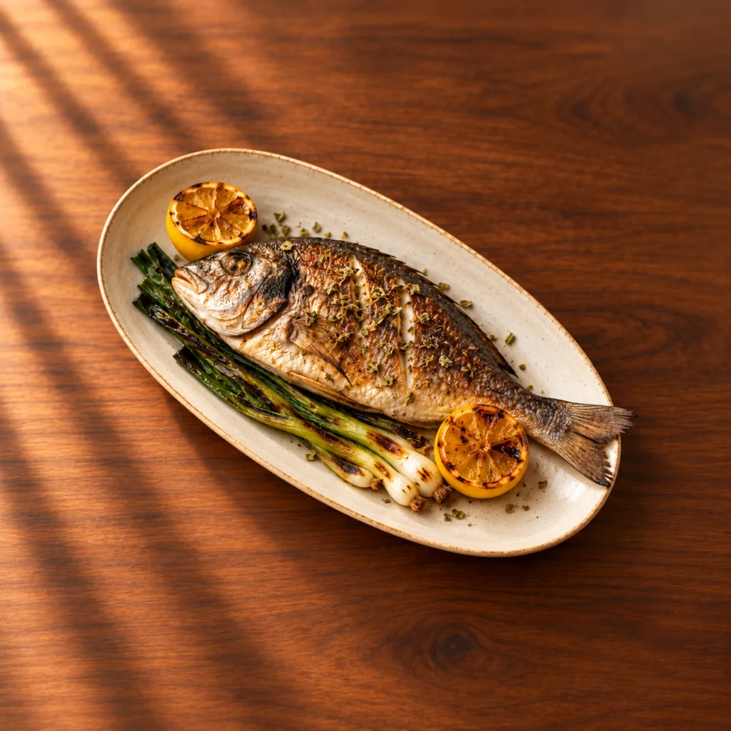 Whole roasted sea bream with lemon, oregano and charred spring onions