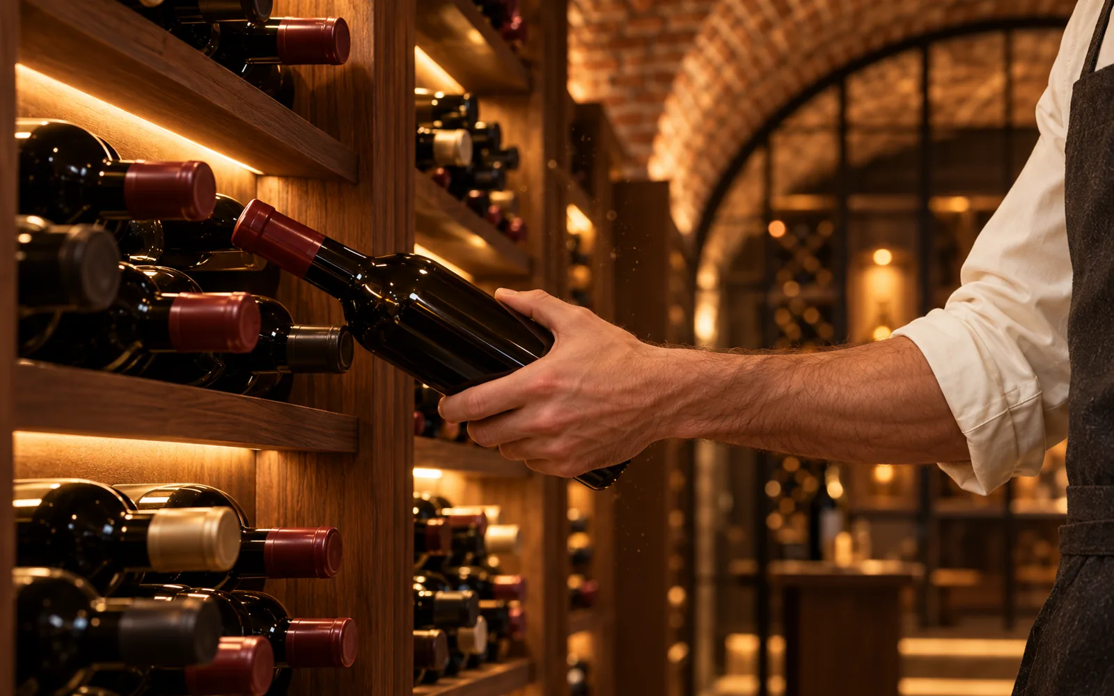 Bottles in the walnut racks of the cellar