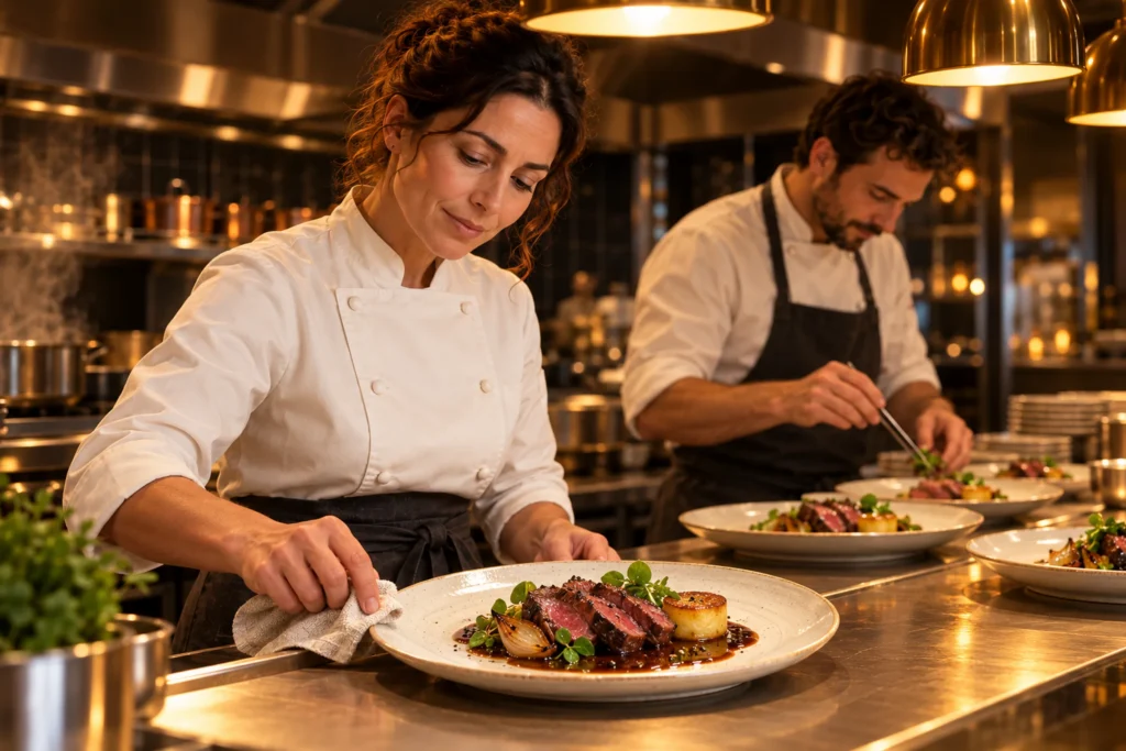 Chefs plating at the pass