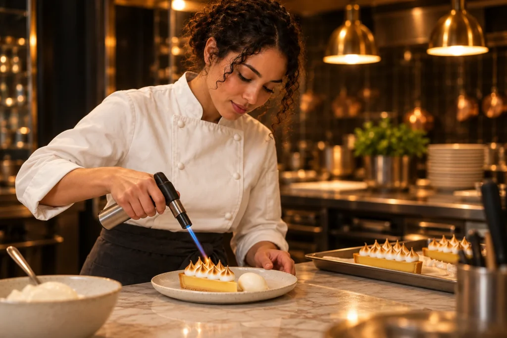 The pastry chef torching a lemon tart