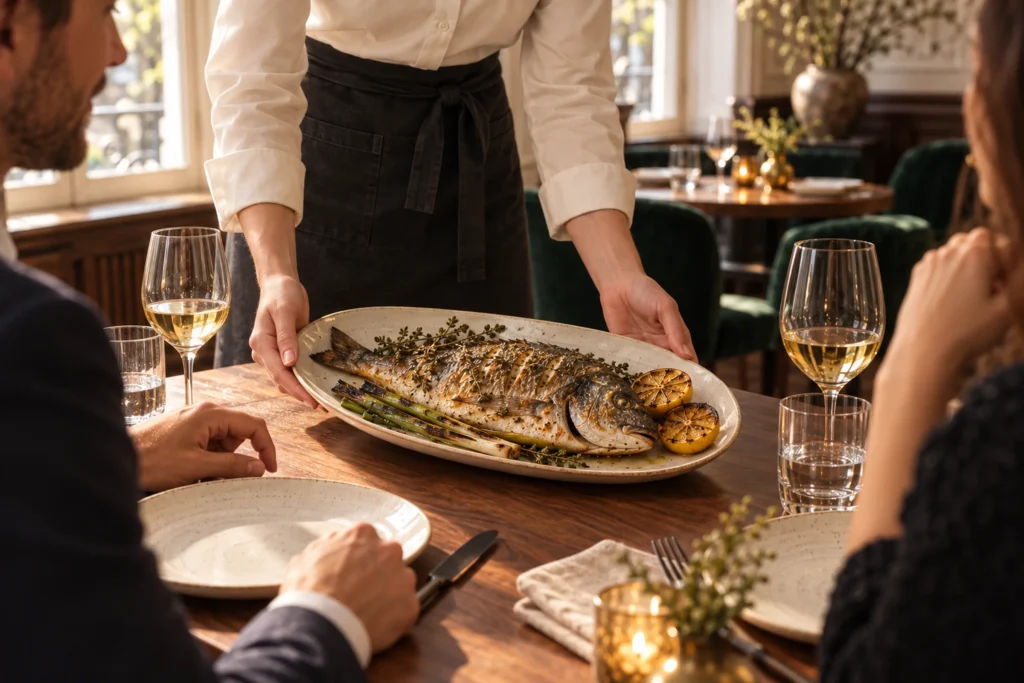 A server presenting a whole roasted sea bream
