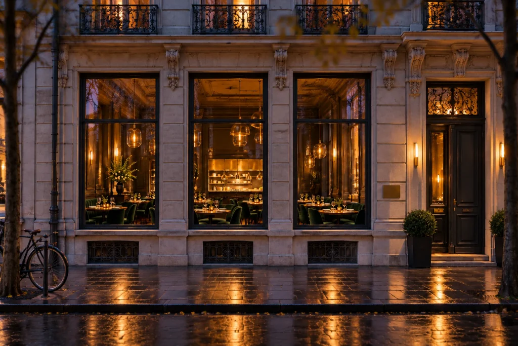 The facade at blue hour