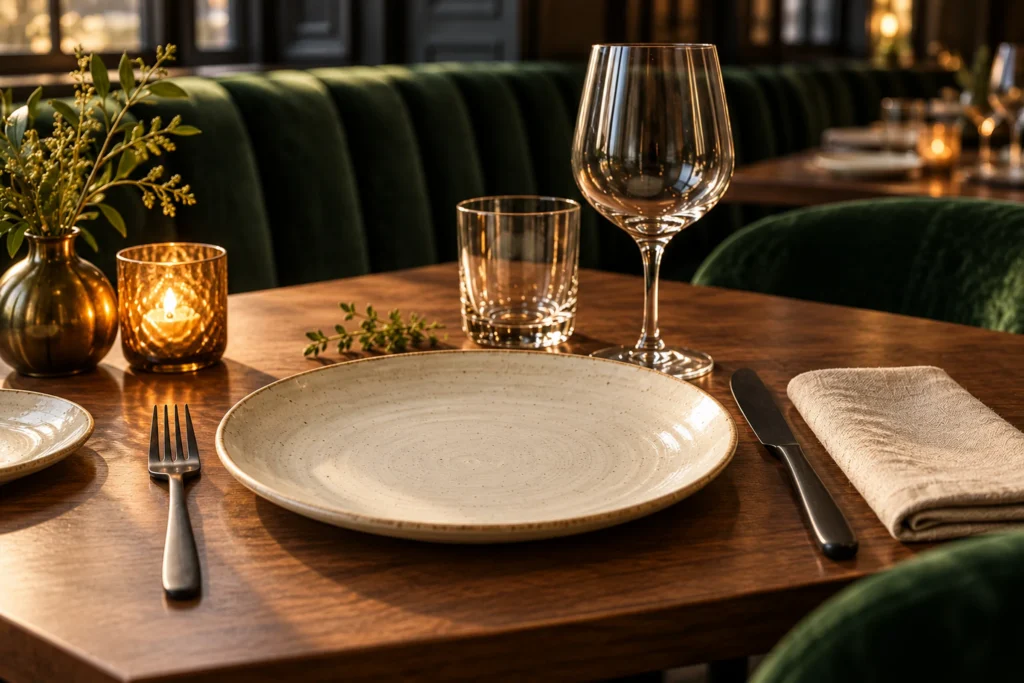 A set table with stoneware, glass and linen