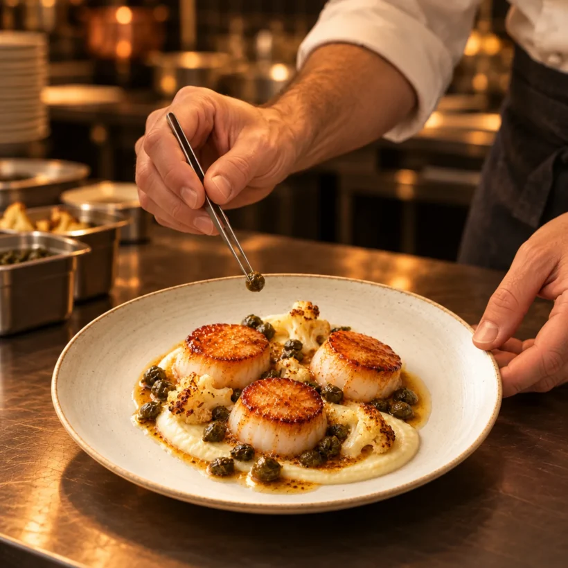 A chef finishing a plate at the pass