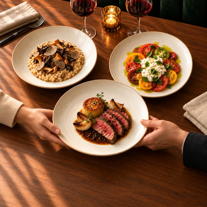 A shared table with dishes being passed between guests